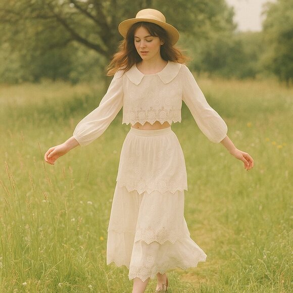 Vintage Dresses & Skirts - Vintage Edwardian Embroidered Sheer Lace Two-Piece Set – XS/S